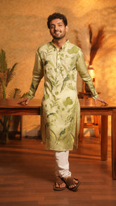 Tropical Twist Men’s Hand-Painted Slub Silk Kurta