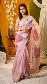 Custom Text Drape Hand-Painted Fade Pink Organza Saree