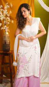 Pink Dawn – White Satin Organza Hand-Painted Floral Kurti