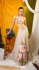 Spring Aura – Hand-Painted Floral Blouse & Skirt Set