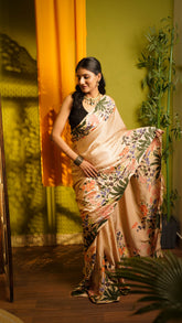 The Wonder Woods Hand-Painted Light Salmon Satin Saree