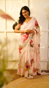 Loved Magnolias Hand-Painted Organza Saree with Delicate Floral Motifs
