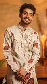 Floraison Men’s Hand-Painted Slub Silk Kurta