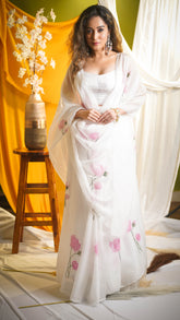 Serene Lotus Hand-Painted Organza Saree with Intricate Embroidery