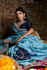 Dariya – Oceanic Blue & Ochre Hand-Embroidered Silk Blend Saree