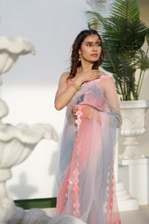 Ombrella – Hand-Painted Blue & Grey Monsoon Organza Saree
