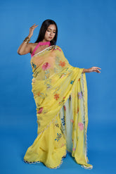 Limonelle – Lemon Yellow Hand-Painted Floral Organza Saree