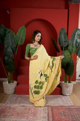 Amber Arbor – Amber Gold Hand-Painted Floral Organza Saree