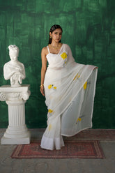 Serene Gold Lotus – Amber Gold Hand-Painted Organza Saree
