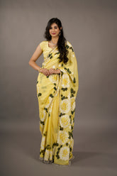 Sunshine Serenade – Amber Gold Hand-Painted Crepe Saree