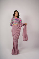 Dusky Petal – Amber Gold Hand-Painted Organza Saree