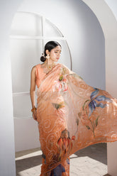 Coral Dusk – Amber Gold Hand-Painted Organza Saree