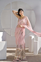 Blush Rosette – Blush Pink Hand-Painted Organza Saree