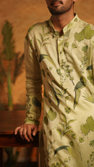 Tropical Twist Men’s Hand-Painted Slub Silk Kurta