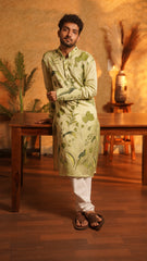 Tropical Twist Men’s Hand-Painted Slub Silk Kurta