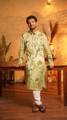 Tropical Twist Men’s Hand-Painted Slub Silk Kurta