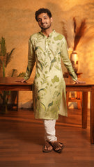 Tropical Twist Men’s Hand-Painted Slub Silk Kurta