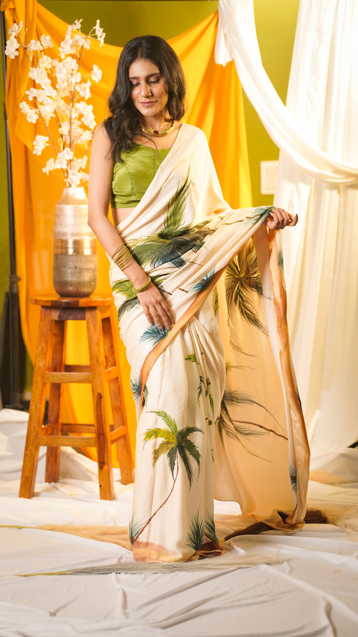 The Classy Palm Hand-Painted Ivory Crepe Saree