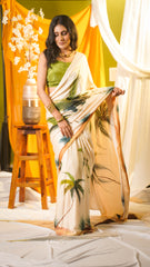 The Classy Palm Hand-Painted Ivory Crepe Saree