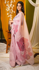 Custom Text Drape Hand-Painted Fade Pink Organza Saree