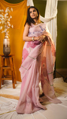 Custom Text Drape Hand-Painted Fade Pink Organza Saree