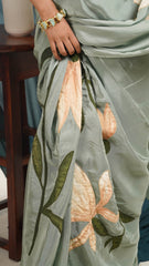Relive Nostalgia Hand-Painted Saree with Snowdrop Motif & Patchwork