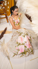 Spring Aura – Hand-Painted Floral Blouse & Skirt Set