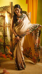 The Wonder Woods Hand-Painted Light Salmon Satin Saree