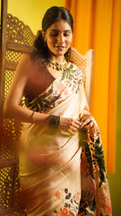 The Wonder Woods Hand-Painted Light Salmon Satin Saree