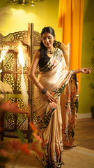 The Wonder Woods Hand-Painted Light Salmon Satin Saree