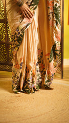 The Wonder Woods Hand-Painted Light Salmon Satin Saree