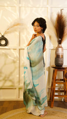 Abstract Dreams Hand-Painted White Satin Organza Saree