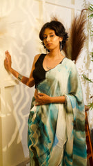 Abstract Dreams Hand-Painted White Satin Organza Saree