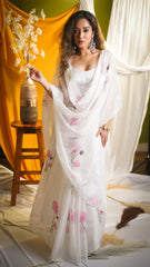 Serene Lotus Hand-Painted Organza Saree with Intricate Embroidery