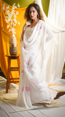 Serene Lotus Hand-Painted Organza Saree with Intricate Embroidery