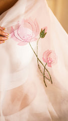 Serene Lotus Hand-Painted Organza Saree with Intricate Embroidery