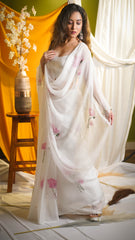 Serene Lotus Hand-Painted Organza Saree with Intricate Embroidery