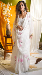 Serene Lotus Hand-Painted Organza Saree with Intricate Embroidery