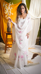 Serene Lotus Hand-Painted Organza Saree with Intricate Embroidery