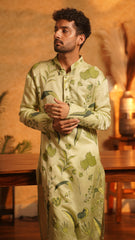 Tropical Twist Men’s Hand-Painted Slub Silk Kurta