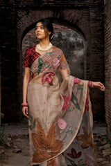 The Zeenat Hand-Painted Organza Saree with Embroidery