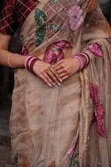 The Zeenat Hand-Painted Organza Saree with Embroidery