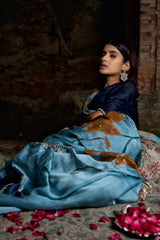 Dariya – Oceanic Blue & Ochre Hand-Embroidered Silk Blend Saree
