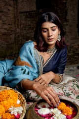 Dariya – Oceanic Blue & Ochre Hand-Embroidered Silk Blend Saree