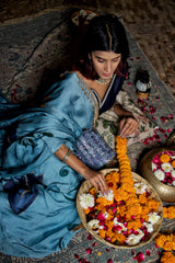 Dariya – Oceanic Blue & Ochre Hand-Embroidered Silk Blend Saree