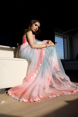 Ombrella – Hand-Painted Blue & Grey Monsoon Organza Saree