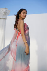 Ombrella – Hand-Painted Blue & Grey Monsoon Organza Saree
