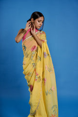 Limonelle – Lemon Yellow Hand-Painted Floral Organza Saree