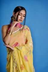 Limonelle – Lemon Yellow Hand-Painted Floral Organza Saree