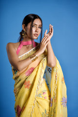 Limonelle – Lemon Yellow Hand-Painted Floral Organza Saree
